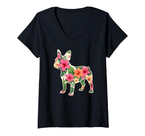 Damen Französische Bulldogge French Bulldog Frenchie Hunde Blumen T-Shirt mit V-Ausschnitt von Französische BulldoggeDog Hund Kleidung