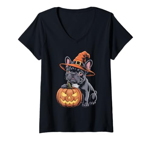 Damen Französische Bulldogge French Bulldog Halloween Kürbis T-Shirt mit V-Ausschnitt von Französische BulldoggeDog Hunde Kleidung
