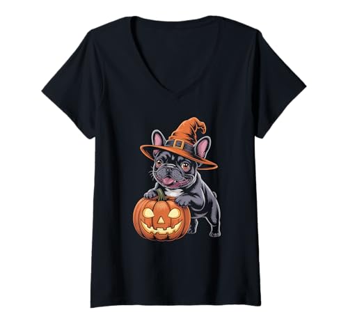 Damen Französische Bulldogge French Bulldog Halloween Kürbis T-Shirt mit V-Ausschnitt Damen Französische Bulldogge French Bulldog Halloween Kürbis T-Shirt mit V-Ausschnitt von Französische BulldoggeDog Hunde Kleidung