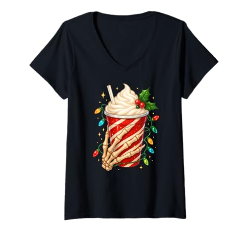 Damen Skelett Hand Frappe Weihnachtsbeleuchtung Halloween Xmas T-Shirt mit V-Ausschnitt Damen Skelett Hand Frappe Weihnachtsbeleuchtung Halloween Xmas T-Shirt mit V-Ausschnitt von FrappeAxis1
