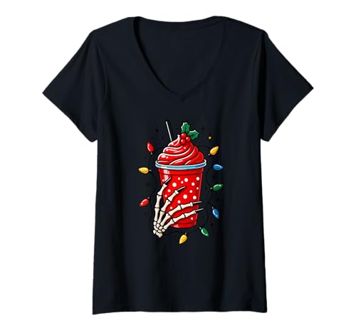 Damen Skelett Hand Halloween Frappe Weihnachten Lichter Xmas T-Shirt mit V-Ausschnitt Damen Skelett Hand Halloween Frappe Weihnachten Lichter Xmas T-Shirt mit V-Ausschnitt von FrappeAxis1