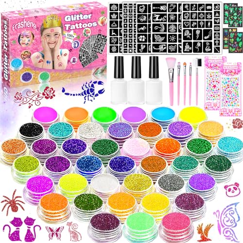 Frasheng Glitzer Tattoo Set Mädchen,Temporäre Tattoo Kit für Kinder,Glitzer Tattoo Set Kinder,41 Glitzerpulver,136 Schablonen,218 Strasssteine,40 Leucht Kinder Tattoo Aufkleber,Geschenk für Party Frasheng Glitzer Tattoo Set Mädchen,Temporäre Tattoo Kit für Kinder,Glitzer Tattoo Set Kinder,41 Glitzerpulver,136 Schablonen,218 Strasssteine,40 Leucht Kinder Tattoo Aufkleber,Geschenk für Party von Frasheng