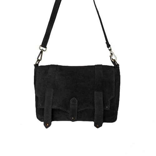 FrasiBags Damen-Umhängetasche aus echtem Wildleder – Messenger-Stil mit Klappe und verstellbarem Schultergurt – Made in Italy – elegant, geräumig, Magnetverschluss – 32 x 20 x 11 cm, Schwarz von FrasiBags