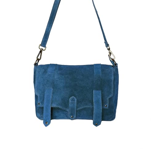 FrasiBags Damen-Umhängetasche aus echtem Wildleder – Messenger-Stil mit Klappe und verstellbarem Schultergurt – Made in Italy – elegant, geräumig, Magnetverschluss – 32 x 20 x 11 cm, blau von FrasiBags