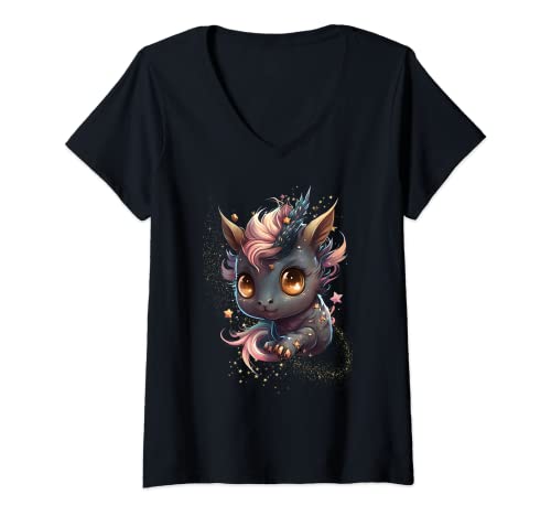 Damen Süßer Drache Fantasy Design T-Shirt mit V-Ausschnitt Damen Süßer Drache Fantasy Design T-Shirt mit V-Ausschnitt von Frau, Mädchen, Teenager, Kinder Design