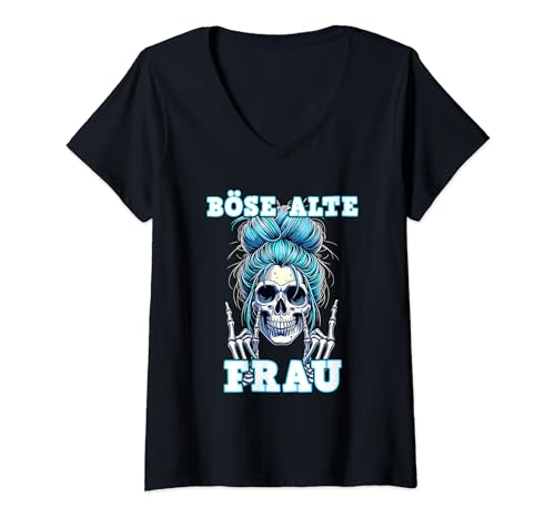 Damen Böse alte Frau Mädchen Pommesgabel Schädel Sarkasmus Ironie T-Shirt mit V-Ausschnitt von Frau Mädchen Biker Tattoo Böse alte Frau Motorrad