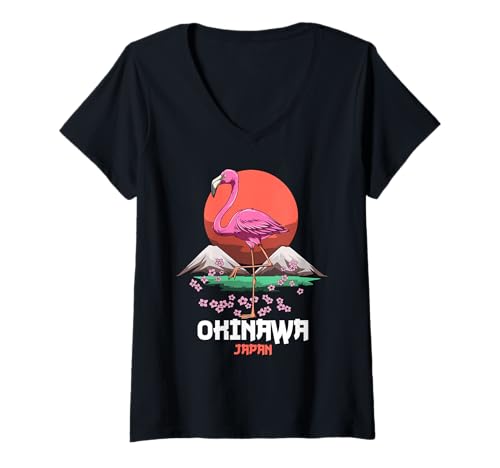Damen Aufgehende Sonne Flamingo Kirschblüte Sakura Okinawa Japan T-Shirt mit V-Ausschnitt Damen Aufgehende Sonne Flamingo Kirschblüte Sakura Okinawa Japan T-Shirt mit V-Ausschnitt von Frau Okinawa Geschenk