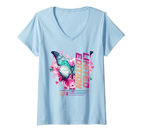 Damen Limited 1975 Edition Schmetterlinge 50. Jahre Geburtstag T-Shirt mit V-Ausschnitt Damen Limited 1975 Edition Schmetterlinge 50. Jahre Geburtstag T-Shirt mit V-Ausschnitt von Frau Schmetterlinge Birthday