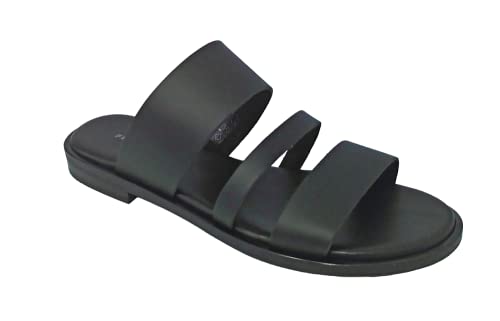 FRAU 86P0 Hausschuhe mit drei Bändern aus Leder, ideal für jede Gelegenheit. Farbe Weiß oder Schwarz, Schwarz , 39 EU von Frau