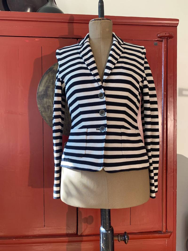 Maritimer Strick-Blazer Aus 100% Baumwolle Von Luisa Cerano, Gr. 36 Schwarz-Beige Streifen, Klassiker Trendy von FrauDoktorsVintage