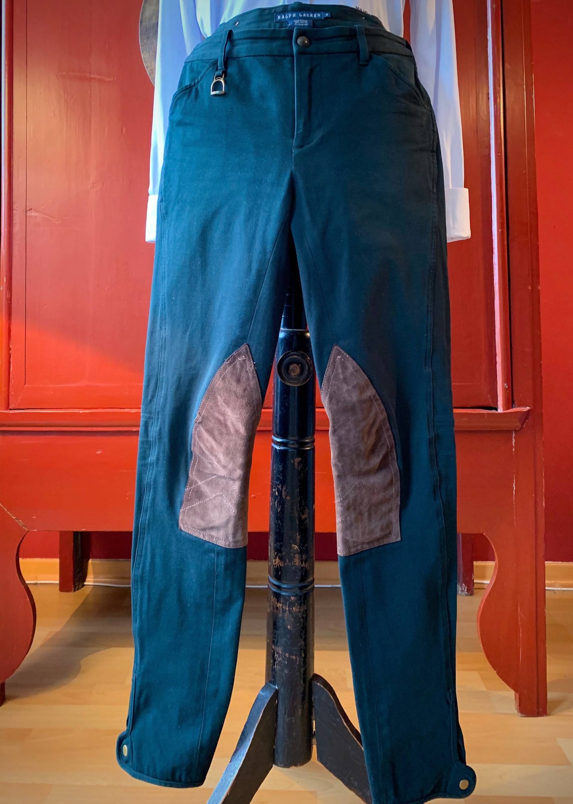 Reiterhose Von Ralph Lauren, Dunkelgrün Mit Braunen Leder Patches, Gr.4/ 34 von FrauDoktorsVintage