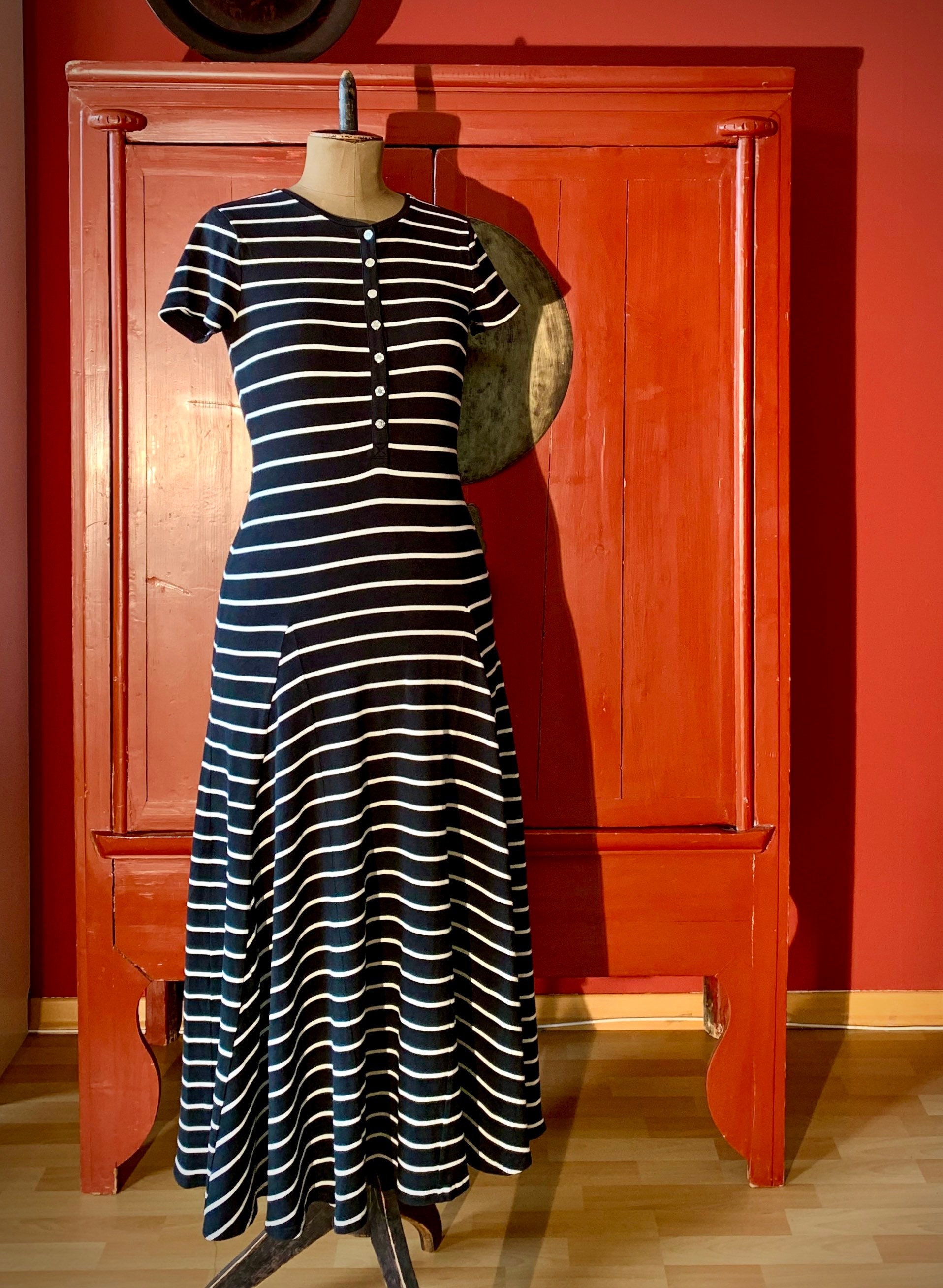 Vintage By Ralph Lauren Maritimes Maxikleid Im Stil Der 1930Er Jahre, Schwarz Mit Hellem Ringel, Gr. S von FrauDoktorsVintage