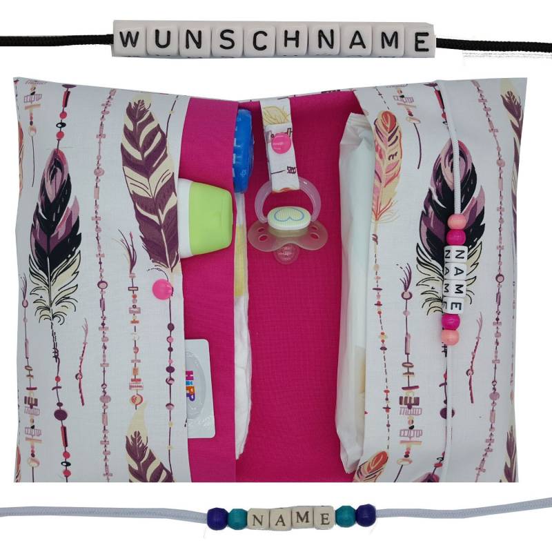 Windeltasche Mit Name To Go Wickeltasche Xxl Zwillinge Federn Schnullerkette Fächer Windeletui Baby Unterwegs Mädchen Personalisiert Boho von FrauElse