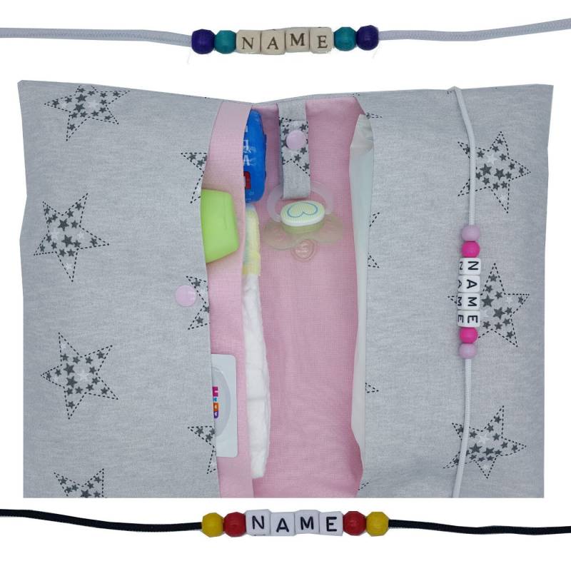 Windeltasche To Go Mit Name Wickeltasche Xl Zwillinge Stern Schnullerkette Fächer Windeletui Baby Unterwegs Mädchen Personalisierbar Pampers von FrauElse