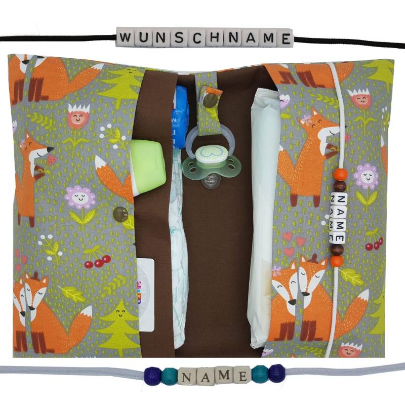 Windeltasche To Go Mit Name Wickeltasche Xxl Zwillinge Fuchs Schnullerkette Fächer Windeletui Baby Unterwegs Mädchen Junge Personalisierbar von FrauElse