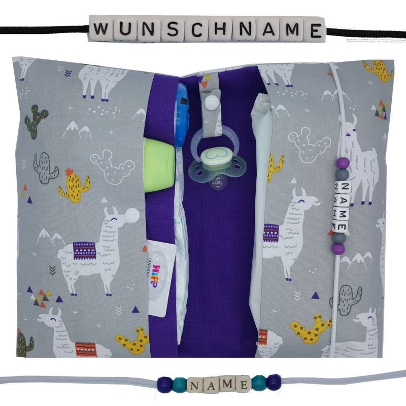 Windeltasche To Go Mit Name Wickeltasche Xxl Zwillinge Lama Alpaka Schnullerkette Fächer Windeletui Baby Unterwegs Mädchen Personalisierbar von FrauElse