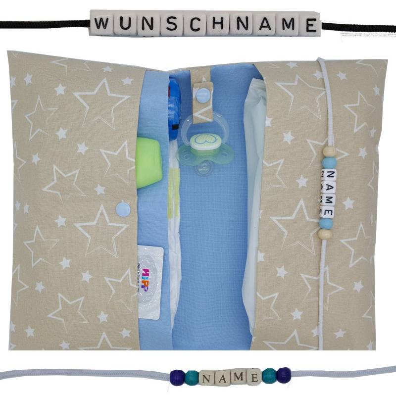 Windeltasche To Go Mit Name Wickeltasche Xxl Zwillinge Sterne Schnullerkette Fächer Windeletui Baby Unterwegs Junge Personalisierbar Else von FrauElse