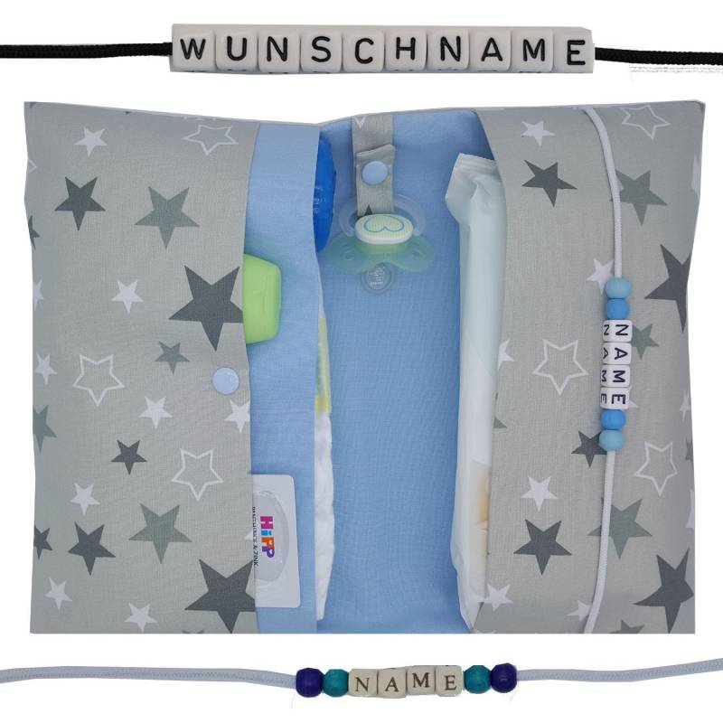 Windeltasche To Go Mit Name Wickeltasche Xxl Zwillinge Sterne Schnullerkette Fächer Windeletui Baby Unterwegs Junge Personalisierbar Pampers von FrauElse