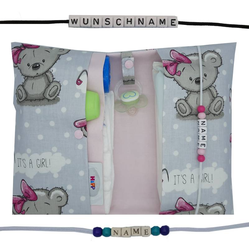 Windeltasche To Go Mit Name Wickeltasche Xxl Zwillinge Teddy Bär "It Is A Girl" Rosa Fächer Windeletui Geburt Baby Taufe Unterwegs Mädchen von FrauElse