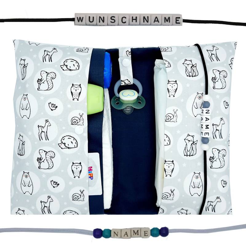 Windeltasche To Go Mit Name Wickeltasche Xxl Zwillinge Waldtier Bär Hase Fuchs Fächer Windeletui Baby Unterwegs Mädchen Junge Personalisiert von FrauElse