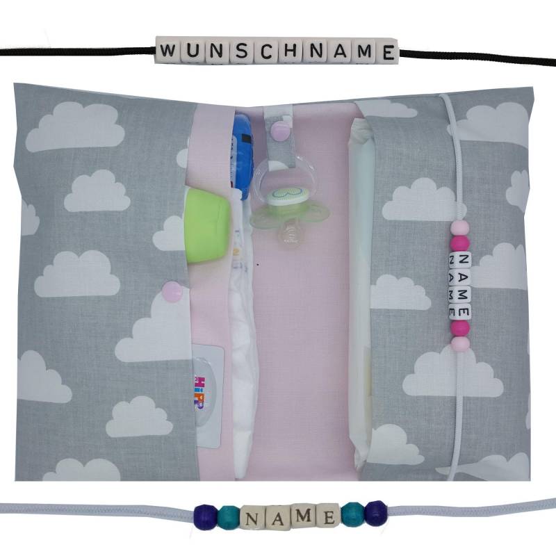 Windeltasche To Go Mit Name Wickeltasche Xxl Zwillinge Wolken Schnullerkette Fächer Windeletui Baby Unterwegs Mädchen Personalisierbar Else von FrauElse