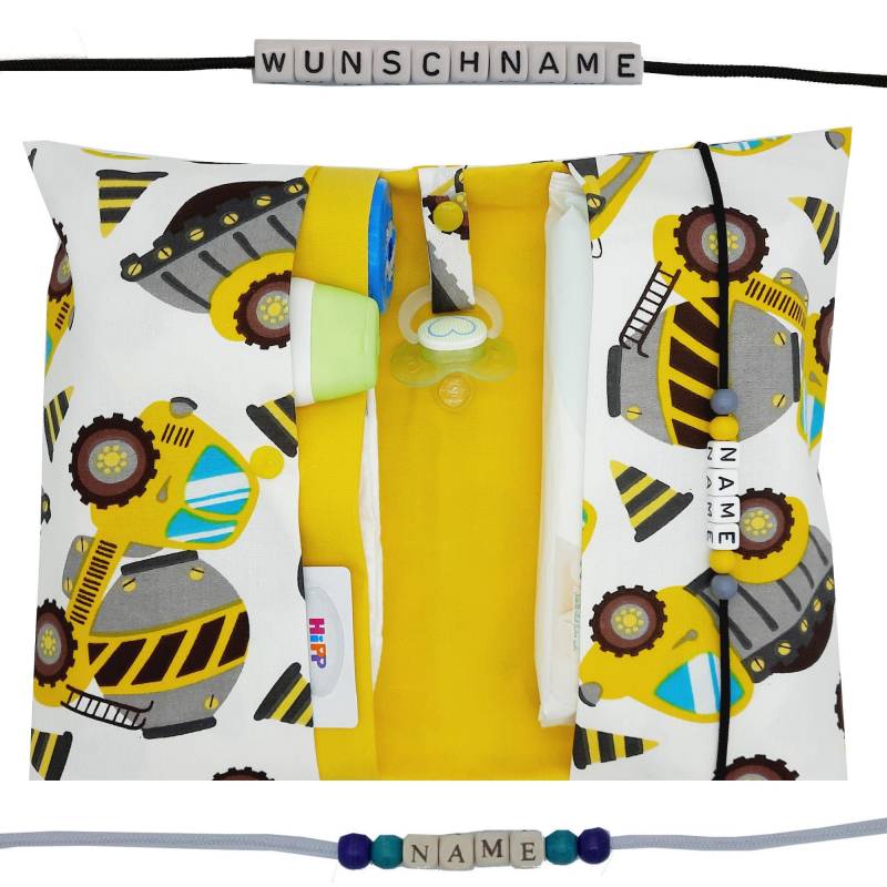 Windeltasche To Go Name Wickeltasche Baustelle-Fahrzeug Bagger Kran Radlader Zwillinge Windeletui Baby Unterwegs Junge Geburt Personalisiert von FrauElse