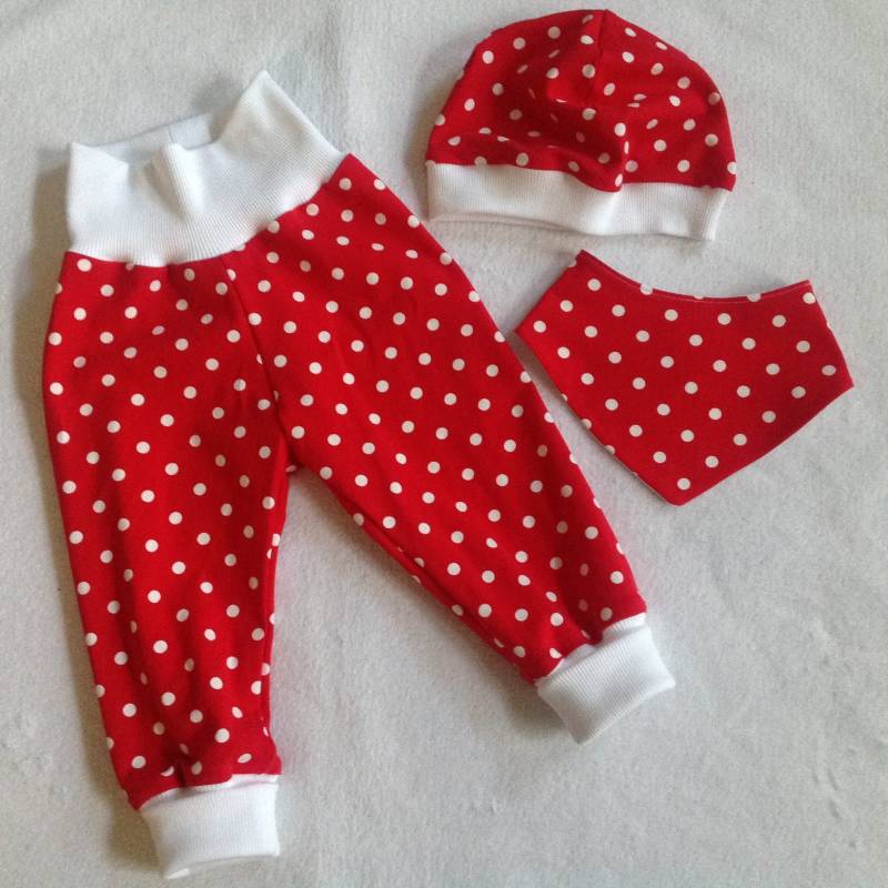 Babyset Pumphose Mütze Halstuch "Pünktchen" Babyhose Punkte Rot/Weiß Krabbelhose Mitwachshose Mädchen Geschenk Taufe Frühling Kinder von FrauMamaHaase