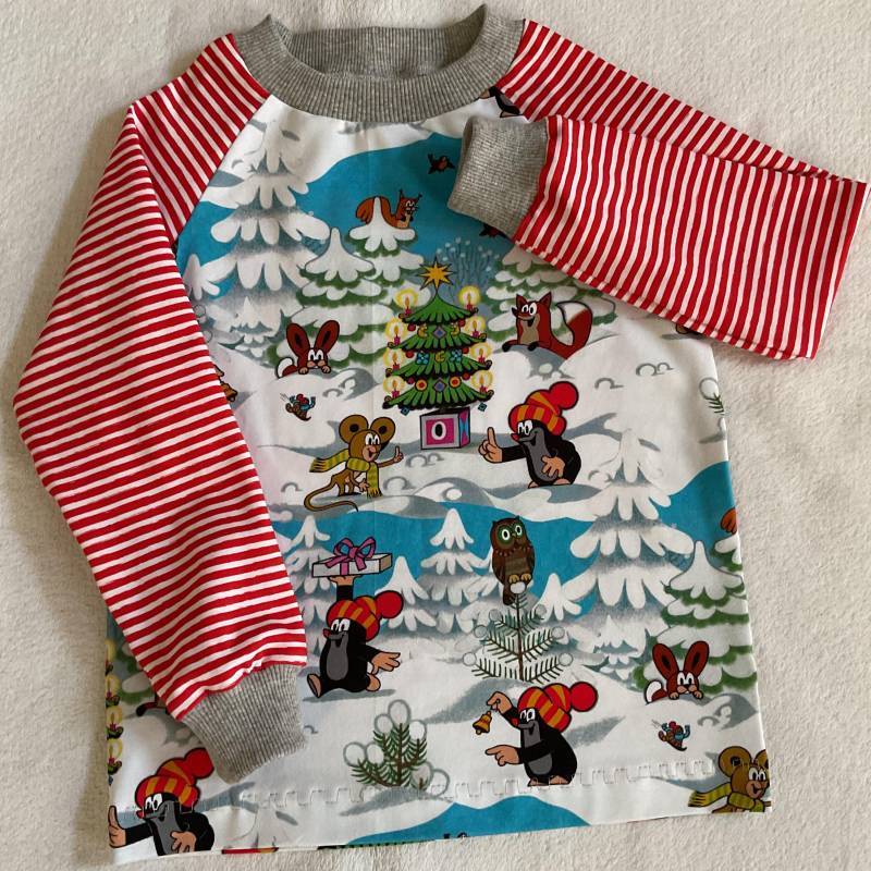 Kindershirt Gr. 110 „Pauli - Weiße Weihnachten" Streifen Rot Winter Geschenk Mädchen Junge Geburtstag Longsleeve Unisex Winterwald von FrauMamaHaase