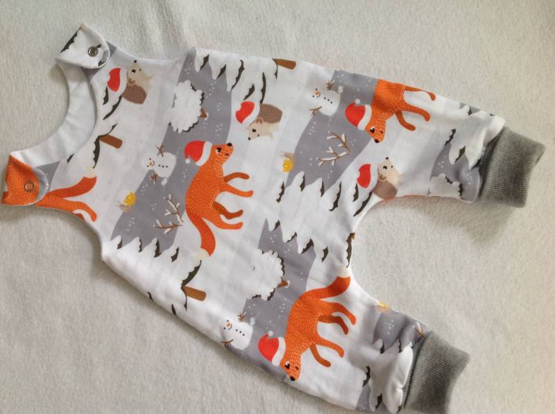 strampler Baby Gr. 62 "Fuchs Und Igel" Winter Grau Babyhose Romper Einteiler Versandfertig von FrauMamaHaase