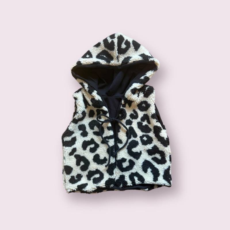 Kuschelig Warme Teddy Weste Jacke Mit Kapuze Kinder Babys Leo Schwarz Beige von FrauMooHandmade