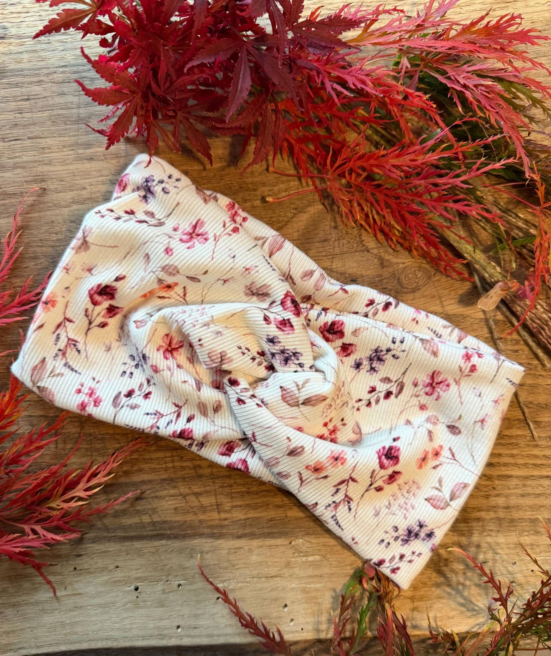 stirnband Mädchen Damen Floral Blumen Rot Herbst Rippjersey von FrauMooHandmade