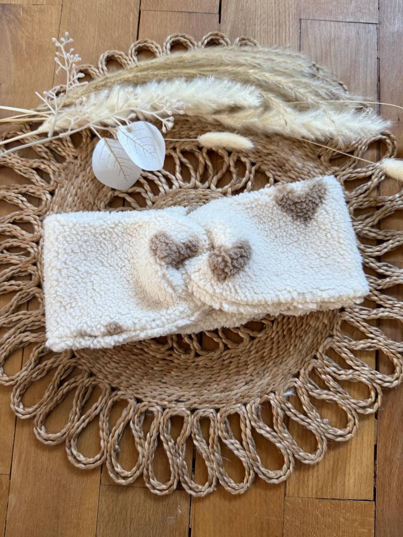 stirnband Mädchen Damen Teddy Plüsch Leo Beige Creme Herzen von FrauMooHandmade