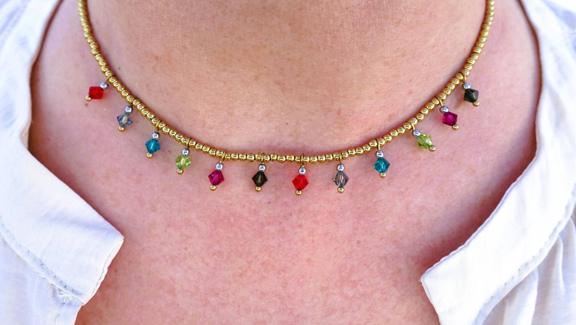 Tolle Kette Aus Edelstahl | Gold Oder Silberfarben Mit Bunten Kristallglas-Anhängern. Länge Ca. 40cm 5cm Verlängerungskettchen Tolle Kette Aus Edelstahl | Gold Oder Silberfarben Mit Bunten Kristallglas-Anhängern. Länge Ca. 40cm 5cm Verlängerungskettchen von FrauSchoen
