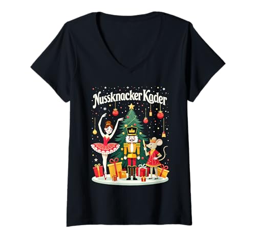 Damen Nussknacker Ballett Tanztruppe Weihnachten Frauen Mädchen T-Shirt mit V-Ausschnitt Damen Nussknacker Ballett Tanztruppe Weihnachten Frauen Mädchen T-Shirt mit V-Ausschnitt von Frauen Ballett Tanztruppe Nussknacker Weihnachten