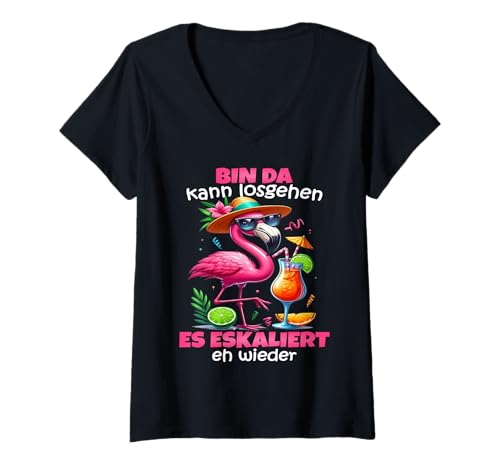 Damen Bin Da Kann Losgehen Es Eskaliert Eh - Flamingo Malle T-Shirt mit V-Ausschnitt Damen Bin Da Kann Losgehen Es Eskaliert Eh - Flamingo Malle T-Shirt mit V-Ausschnitt von Frauen Flamingo Gruppenkostüm Für JGA Mallorca
