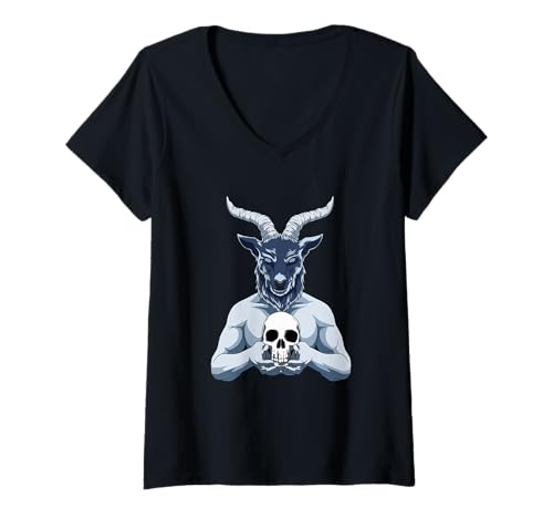 Damen Okkulter Baphomet-Schädel T-Shirt mit V-Ausschnitt Damen Okkulter Baphomet-Schädel T-Shirt mit V-Ausschnitt von Frauen Gothic Shirt Geschenke