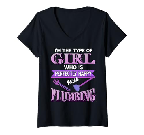 Damen Perfekt Glückliche Mädchen Klempner Werkzeuge T-Shirt mit V-Ausschnitt Damen Perfekt Glückliche Mädchen Klempner Werkzeuge T-Shirt mit V-Ausschnitt von Frauen Humor Sanitär Lustige Aussage