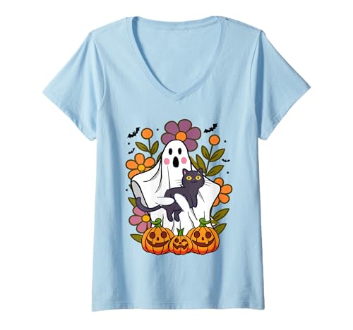 Damen Lustiger Blumengeister mit Katzen -Vintage -Kürbis Herbst T-Shirt mit V-Ausschnitt von Frauen lustige Halloween -Kostüme