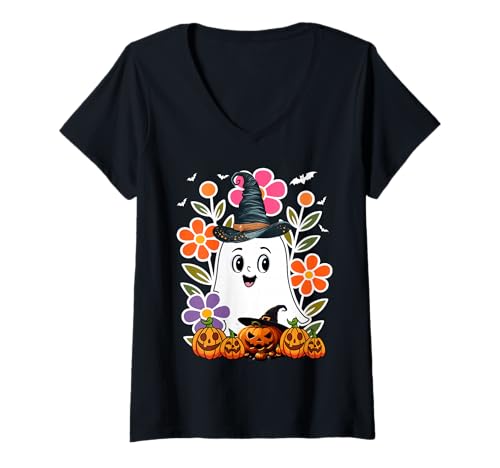 Damen Lustiger Blumengeister mit Vintage Kürbis Herbst Halloween T-Shirt mit V-Ausschnitt von Frauen lustige Halloween -Kostüme