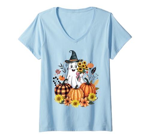 Damen Lustiger Blumengeister mit Vintage Kürbis Herbst Halloween T-Shirt mit V-Ausschnitt von Frauen lustige Halloween -Kostüme
