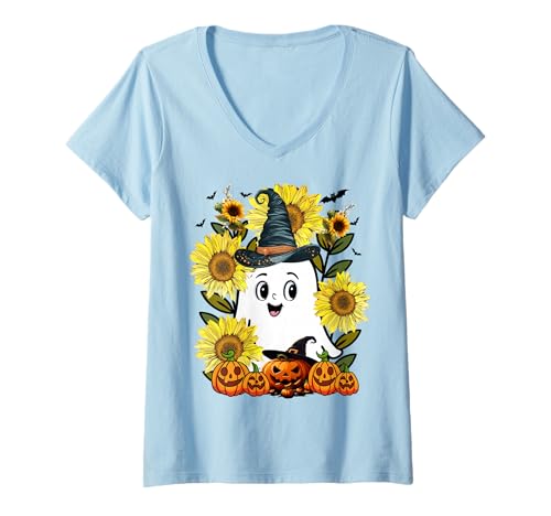 Damen Lustiger Blumengeister mit Vintage Kürbis Herbst Halloween T-Shirt mit V-Ausschnitt von Frauen lustige Halloween -Kostüme
