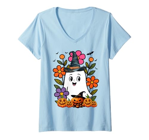Damen Lustiger Blumengeister mit Vintage Kürbis Herbst Halloween T-Shirt mit V-Ausschnitt von Frauen lustige Halloween -Kostüme