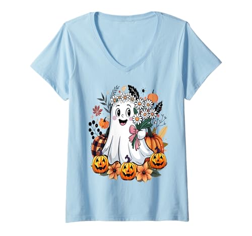 Damen Lustiger Blumengeister mit Vintage Kürbis Herbst Halloween T-Shirt mit V-Ausschnitt von Frauen lustige Halloween -Kostüme