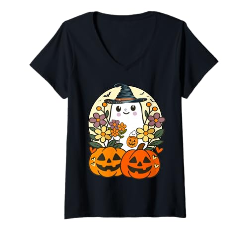 Damen Lustiger Blumengeister mit Vintage Kürbis Herbst Halloween T-Shirt mit V-Ausschnitt von Frauen lustige Halloween -Kostüme