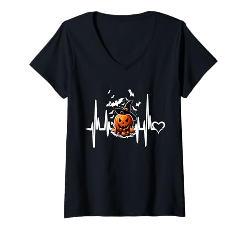 Damen Lustiger Kürbis Herzschlag Halloween für Frauen Männer T-Shirt mit V-Ausschnitt von Frauen lustige Halloween -Kostüme