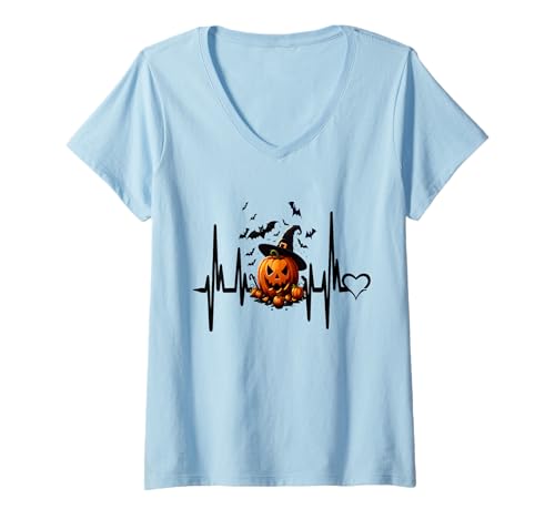 Damen Lustiger Kürbis Herzschlag Halloween für Frauen Männer T-Shirt mit V-Ausschnitt von Frauen lustige Halloween -Kostüme