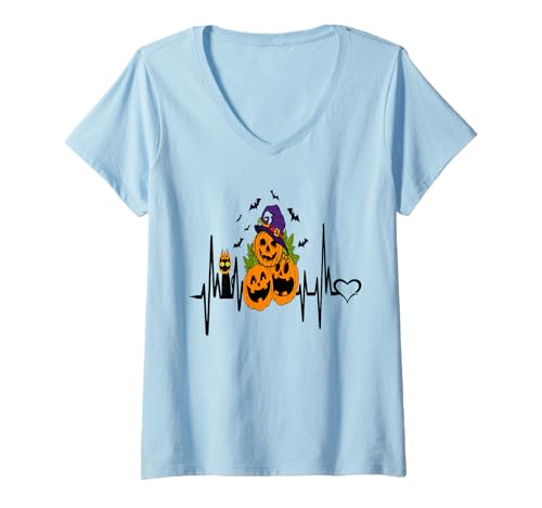 Damen Lustiger Kürbis Herzschlag Halloween mit Katzenfrauen Männer T-Shirt mit V-Ausschnitt von Frauen lustige Halloween -Kostüme