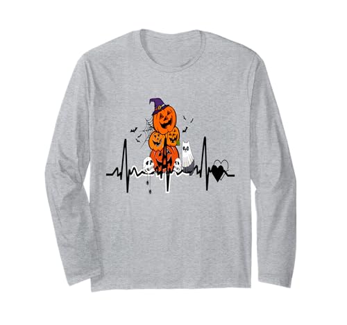 Lustiger Kürbis Herzschlag Halloween mit Katzenfrauen Männer Langarmshirt von Frauen lustige Halloween -Kostüme