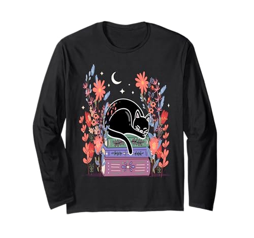 Damen Buchliebhaber Blumenkatze auf Büchern Haustierbesitzer Langarmshirt Damen Buchliebhaber Blumenkatze auf Büchern Haustierbesitzer Langarmshirt von Frauen süßes Tier lustige Grafiken