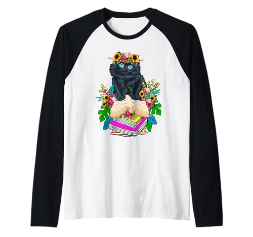 Damen Buchliebhaber Blumenkatze auf Büchern Haustierbesitzer Raglan von Frauen süßes Tier lustige Grafiken